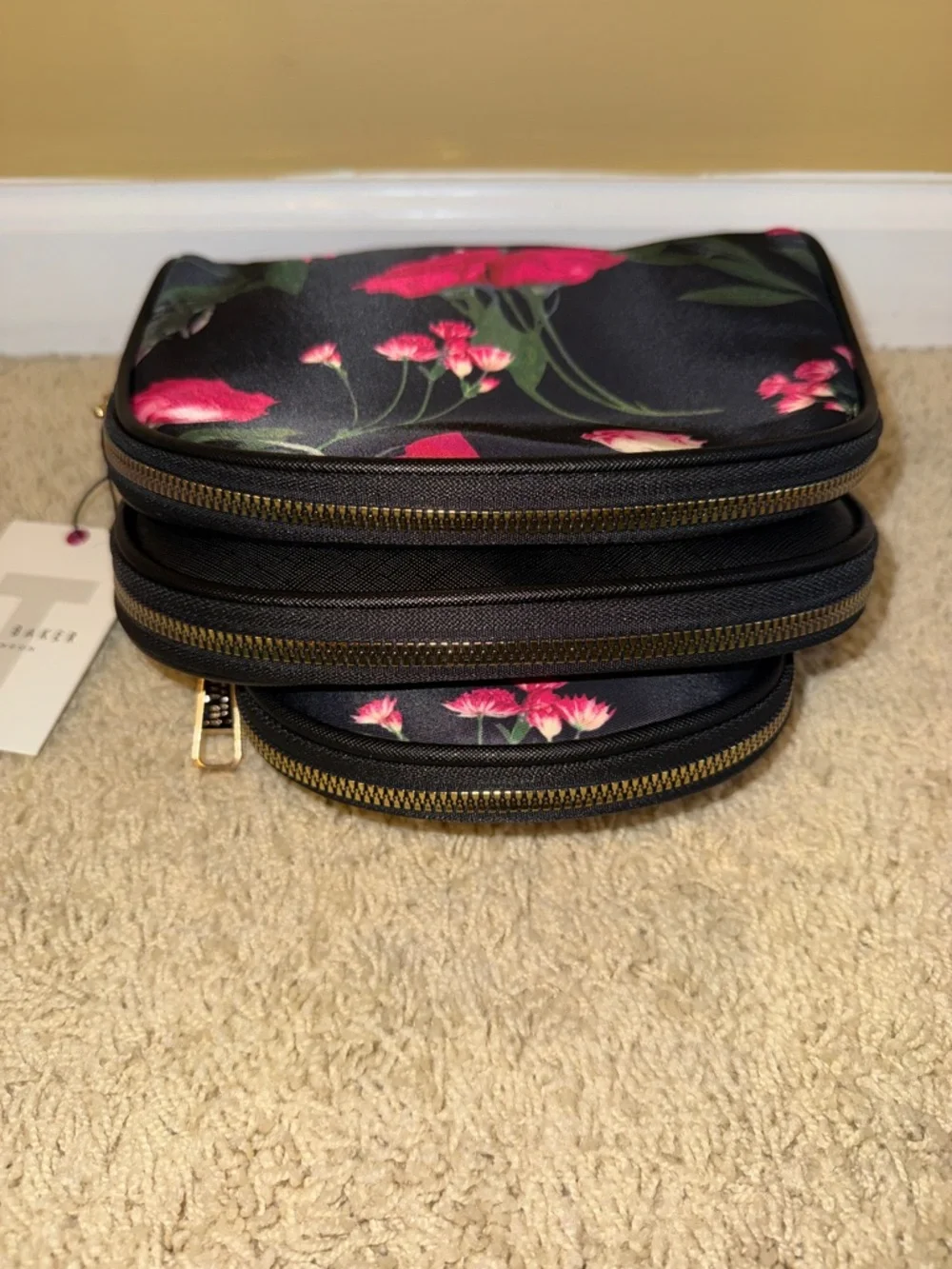 Ted Baker Black Floral Makeup Pouch with Pink Blooms